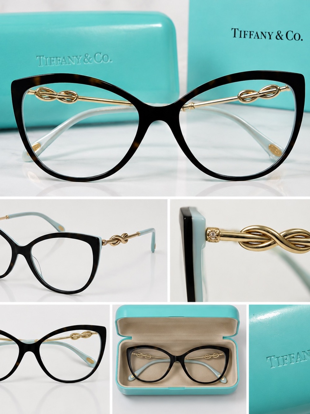 Tiffany & Co. Black and Tiffany Blue Cat-Eye Glasses with Gold Detail